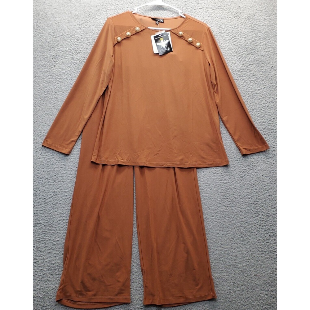 Antthony Originals 2 Piece Pj Set Womens Petite M Brown Wide‎ Leg Deatil Button